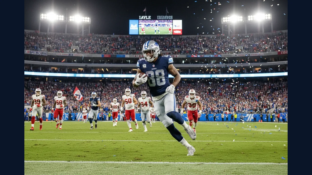 NFL player running with the ball in a packed stadium at night
