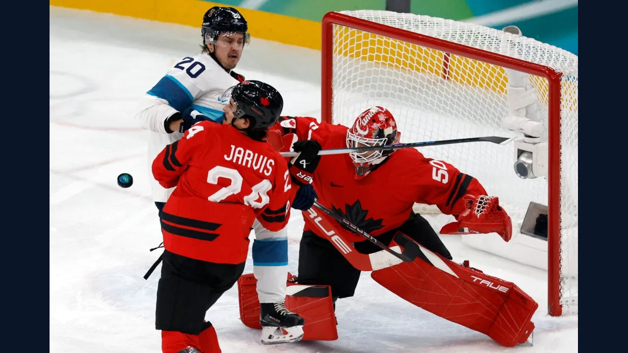 Ice hockey players battling for the puck in front of goal