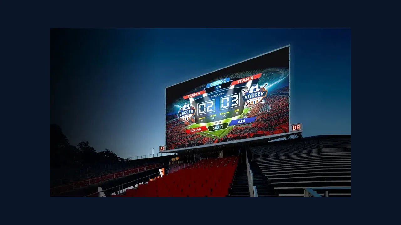 Large stadium screen showing a live event at night