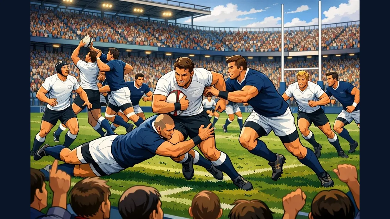 Rugby players tackling during a match in a stadium